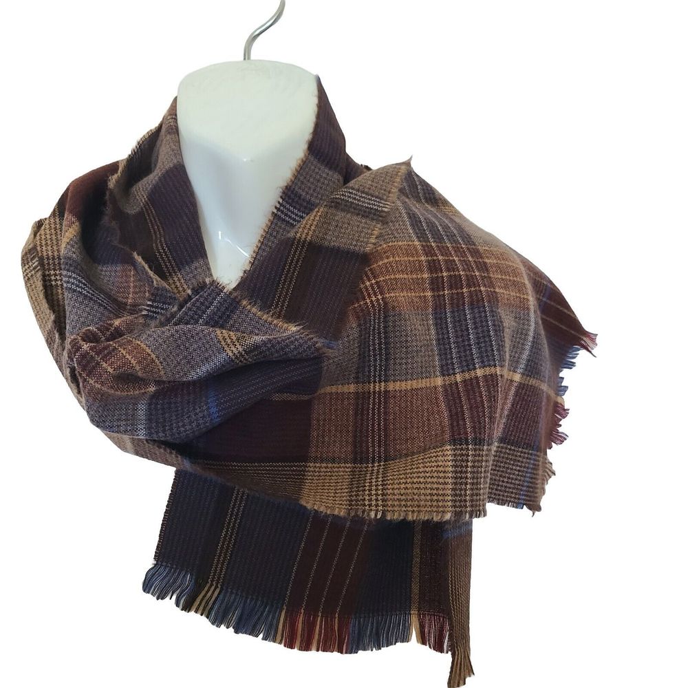 PACO RABANNE scarf FRANCE Plaid brown/ blue/ tan Acrylic unisex  54" x12" unused
